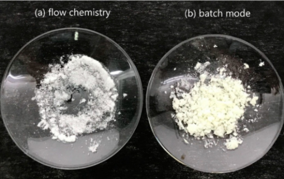 ( a ) 流动化学和 ( b ) 分批模式生产的 TNT 。流动化学样品为白色,而批处理模式样品因杂质而呈黄色。 ( a ) 流动化学和 ( b ) 分批模式生产的 TNT 。流动化学样品为白色,而批处理模式样品因杂质而呈黄色。